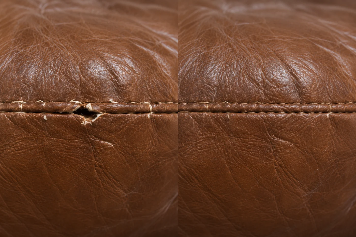 Before and after on a tan leather seat cushion, the seam split open on the left and closed on the right