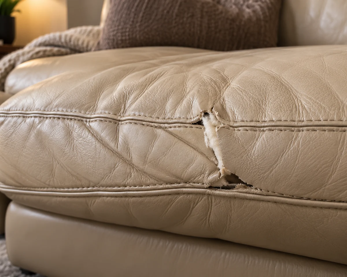 A cream leather seat cushion split open beside the piped seam with white filling pushing out