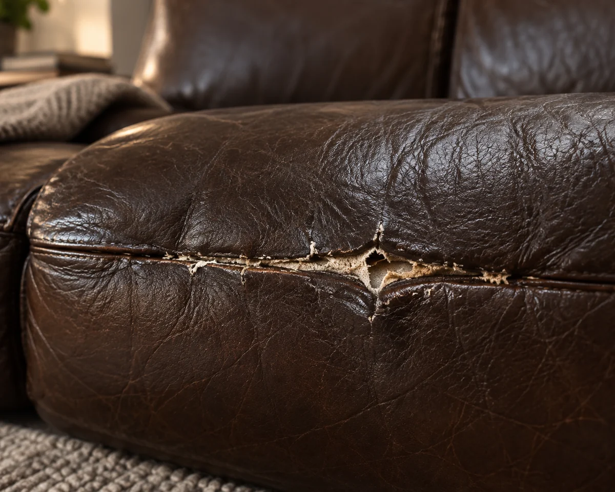 A dark brown leather cushion with a long ragged tear running along the seam and pale fibre showing