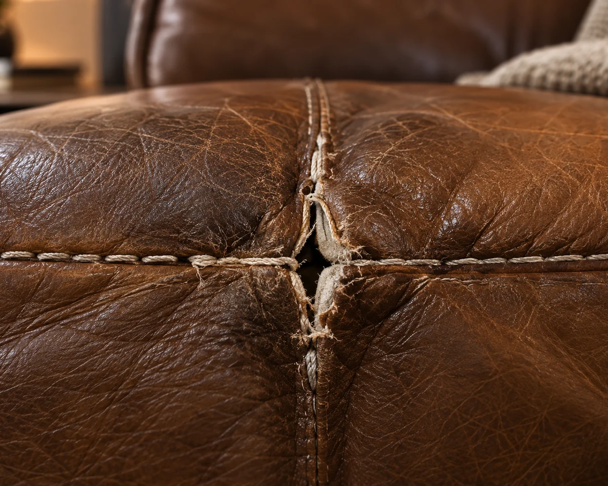 A brown leather cushion where two seams cross, the cream thread frayed through and the join pulled apart
