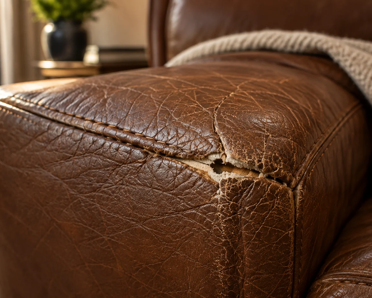 The corner of a brown leather sofa arm where dry, cracked hide has split along the edge of the seam