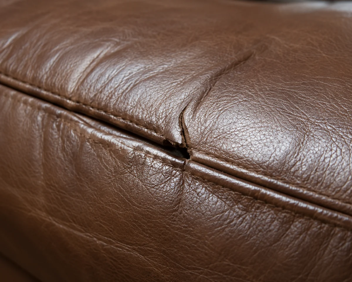A dark brown leather cushion where a short vertical seam meets a horizontal one and has parted at the junction