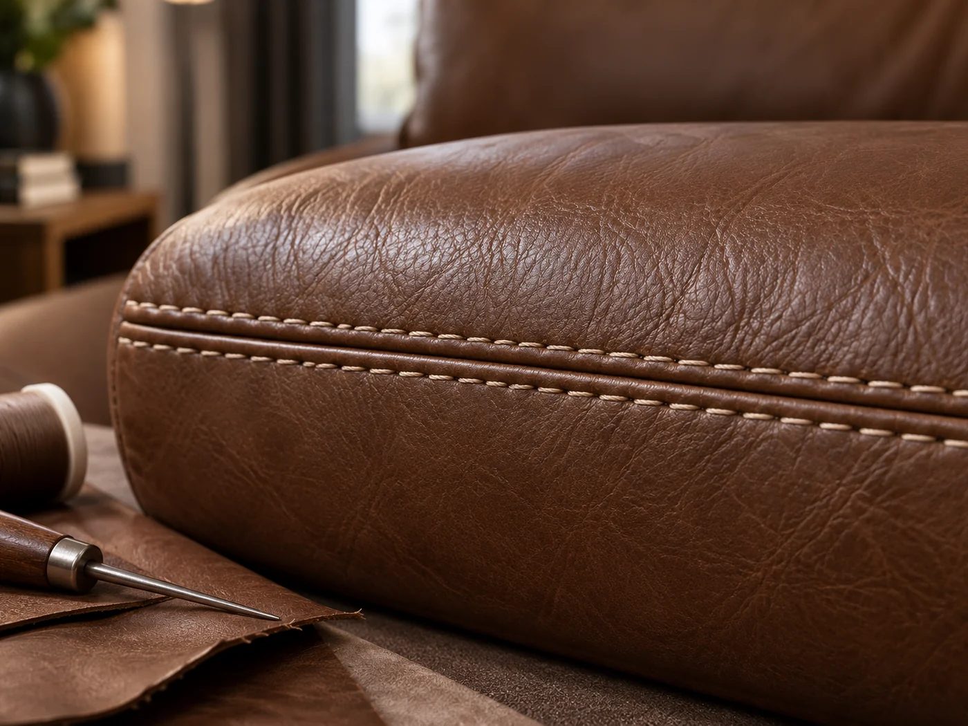 An even cream stitch line running the length of a restored brown leather cushion, an awl and leather swatch beside it