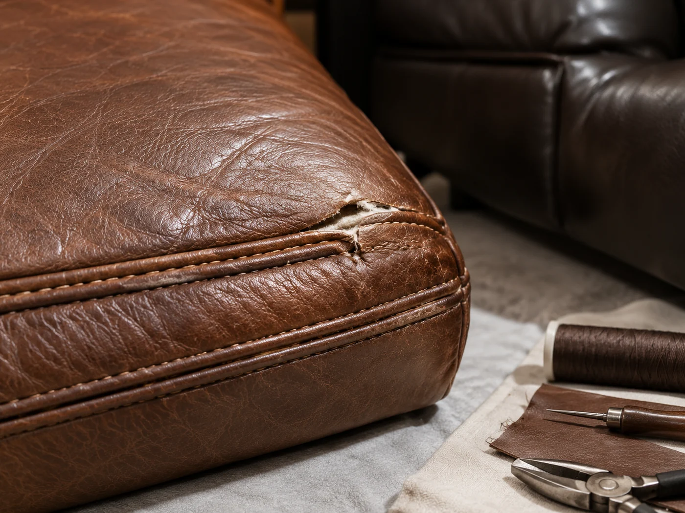 The corner seam of a brown leather ottoman parted at one point, a spool of thread and pliers laid on cloth beside it