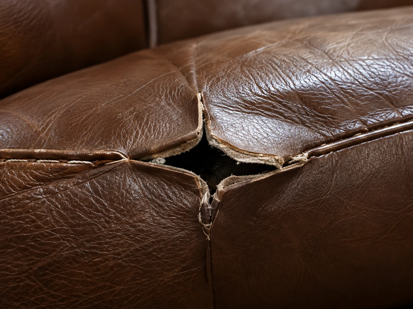 A brown leather cushion seam torn wide open at a junction with pale foam and fibre core showing