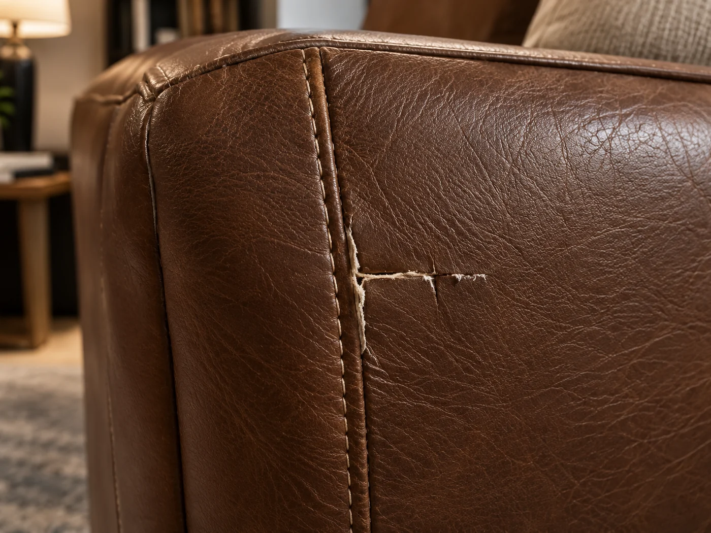 A brown leather chair back where a short split has opened beside an intact vertical stitch line