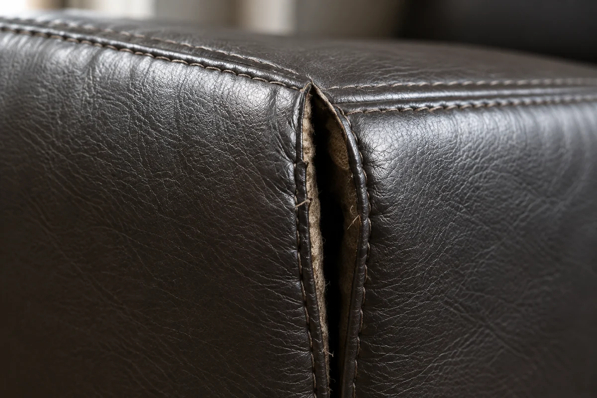 A dark brown leather armrest split down the vertical seam with grey wadding showing through