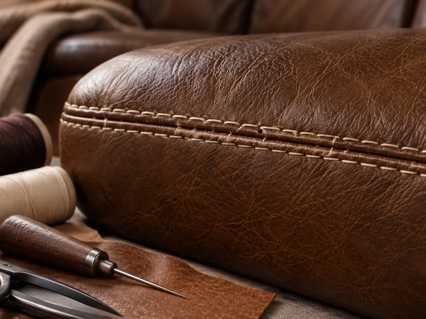 Twin rows of cream stitching along the edge of a brown leather cushion, thread spools and shears laid in front