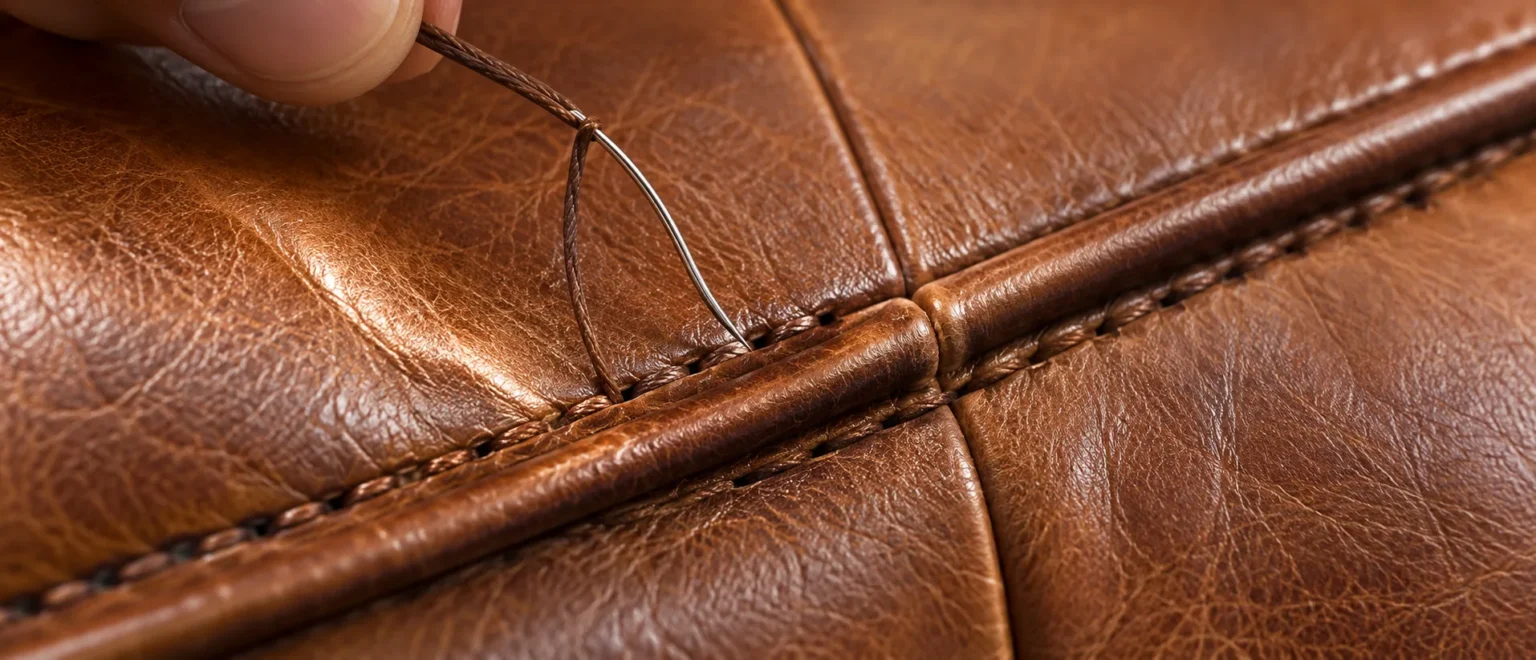 Needle closing an early gap in a leather seam