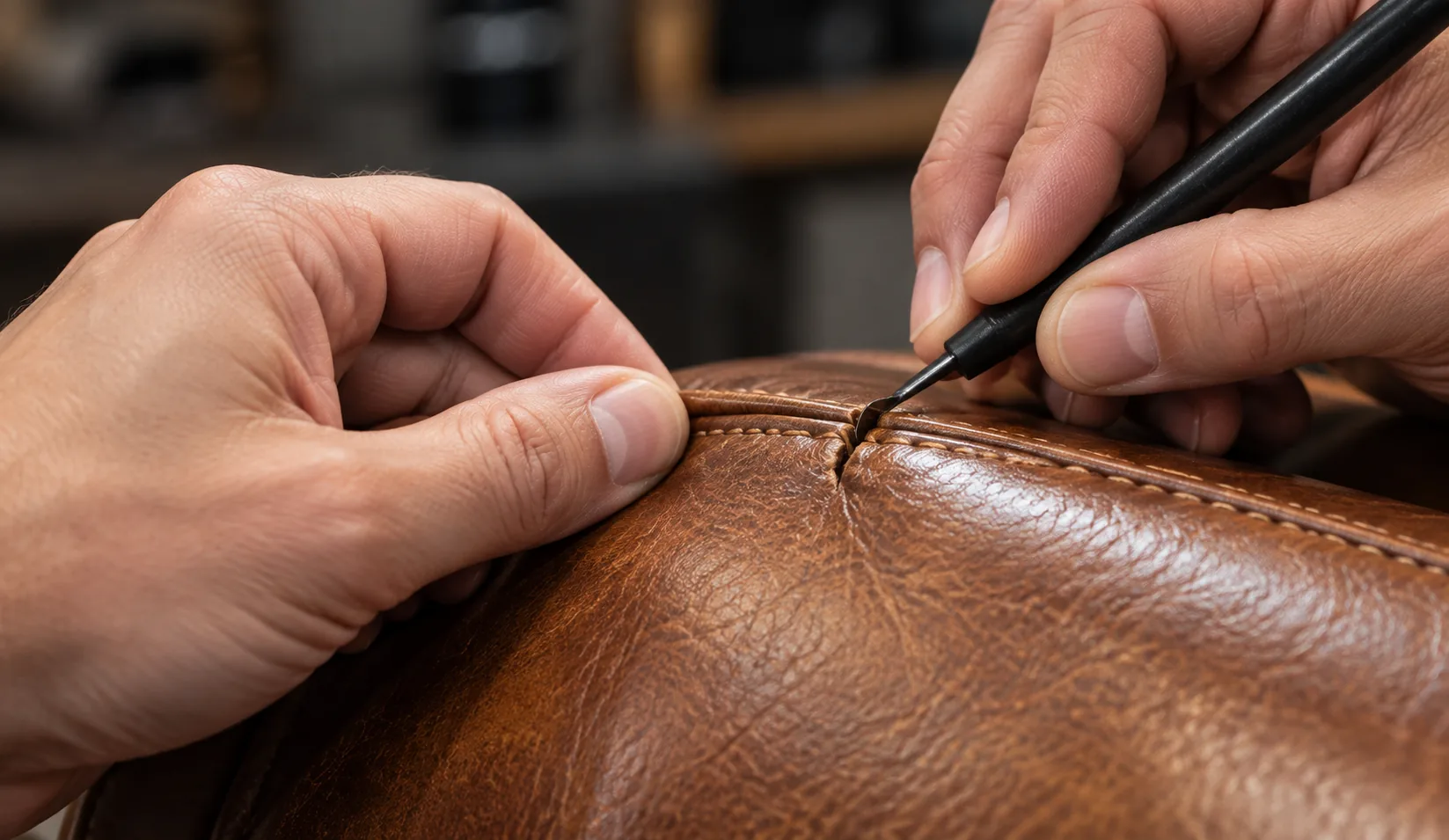 Hands stitching a leather seam