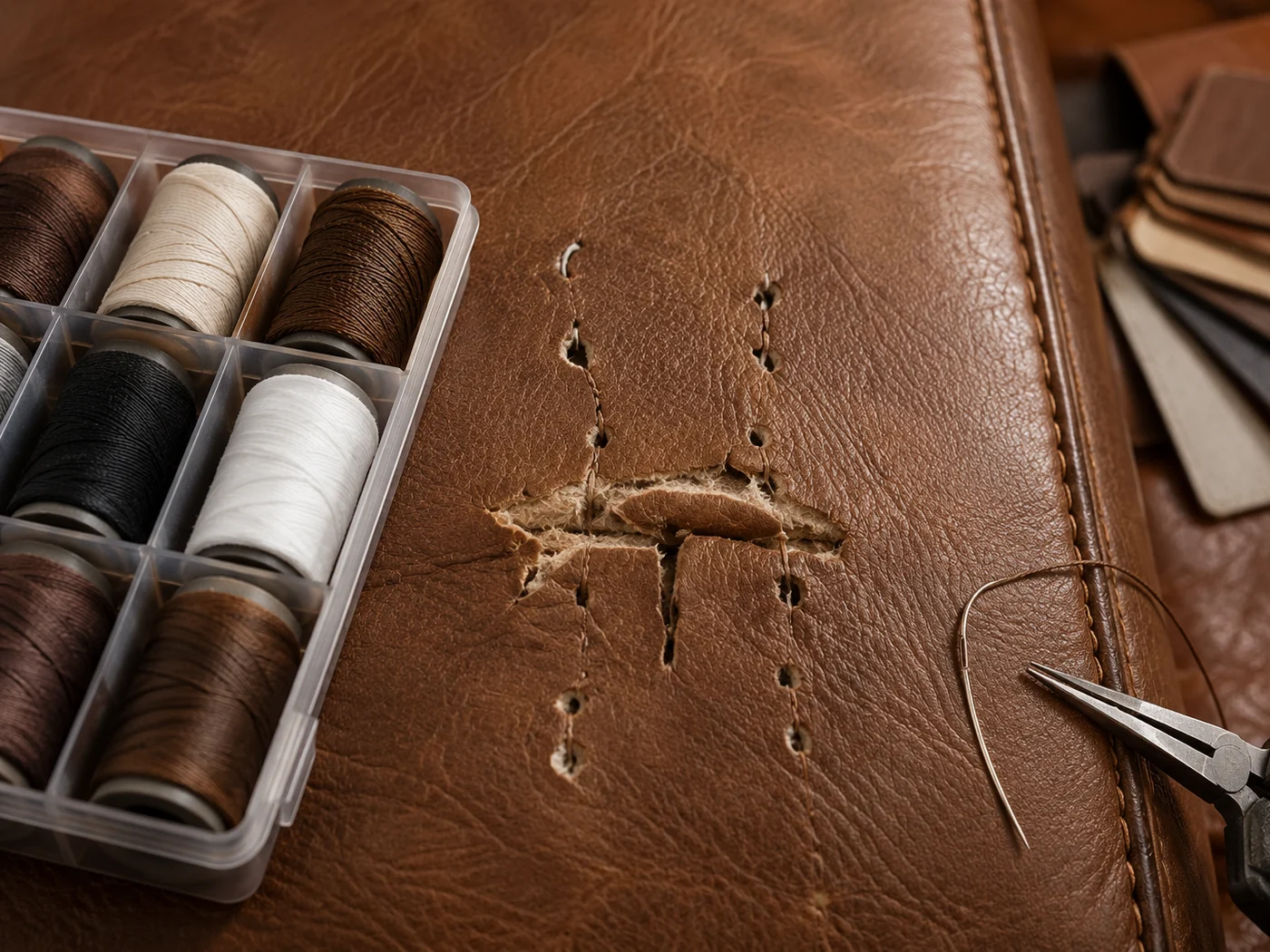 A tray of leather threads in cream, brown, grey and black set beside a torn stitch line in brown leather