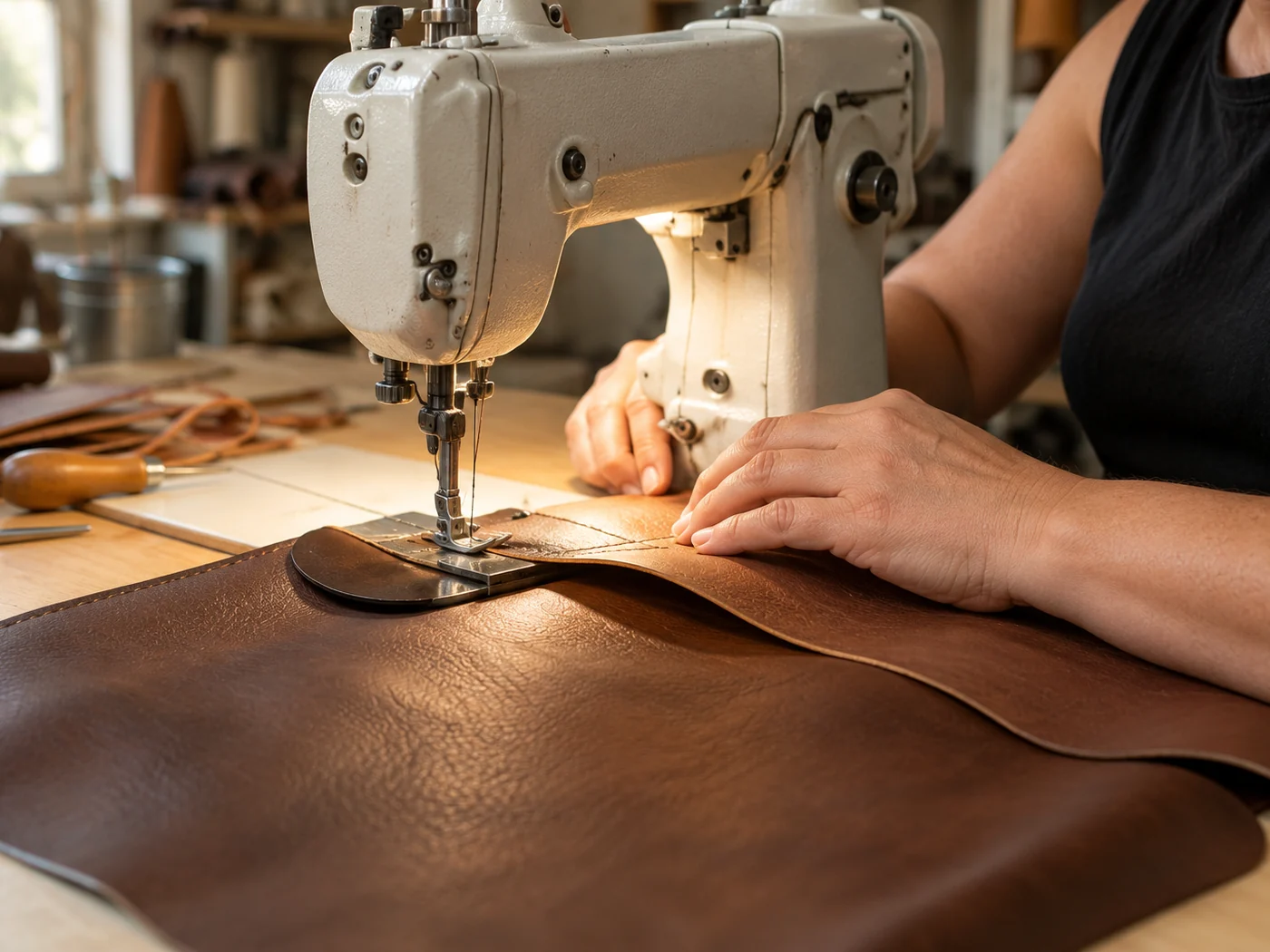 A machinist feeding a large brown leather panel under the foot of an industrial sewing machine in a workshop