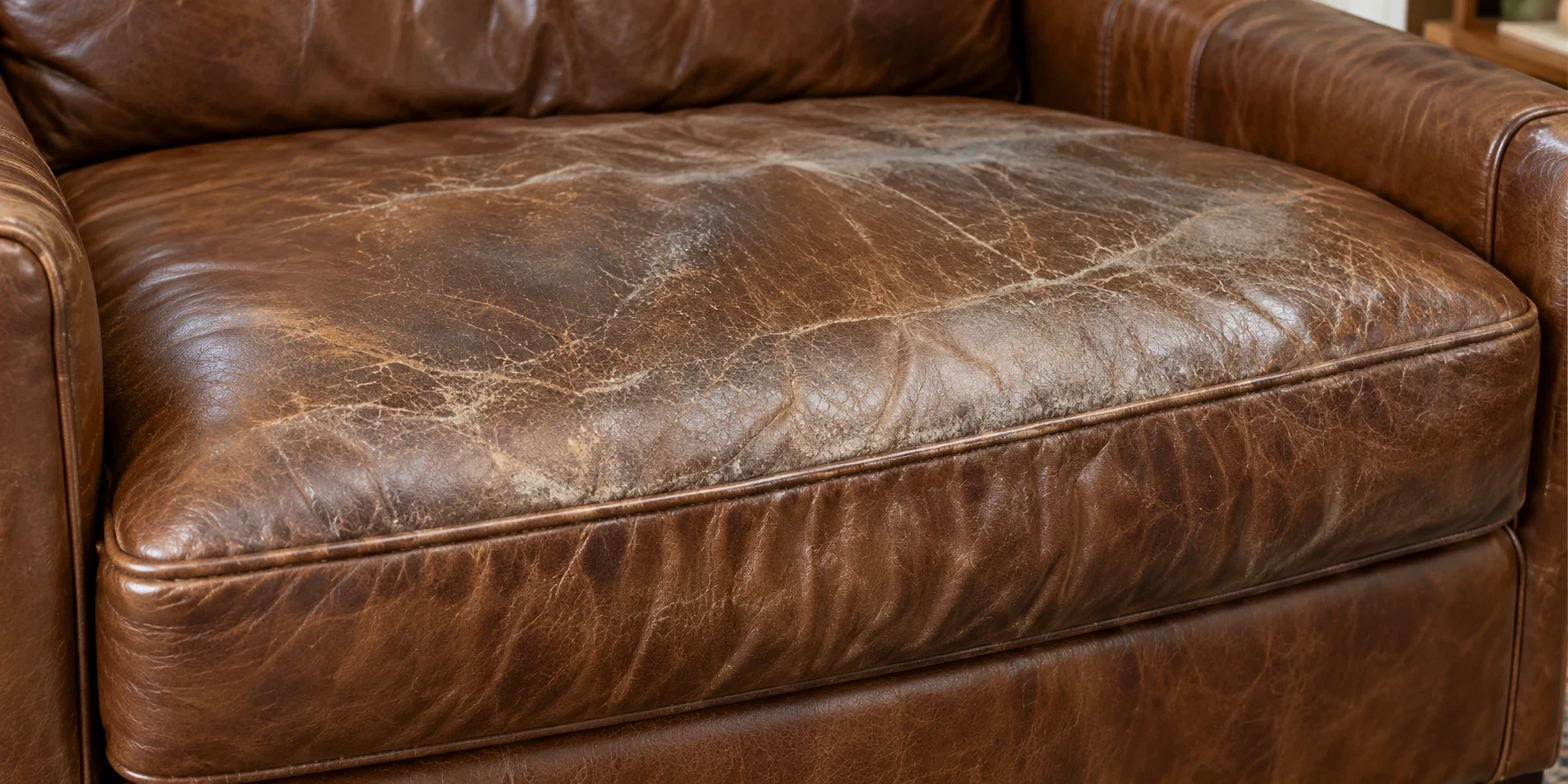A brown leather seat panel worn through the finish across the whole sitting area