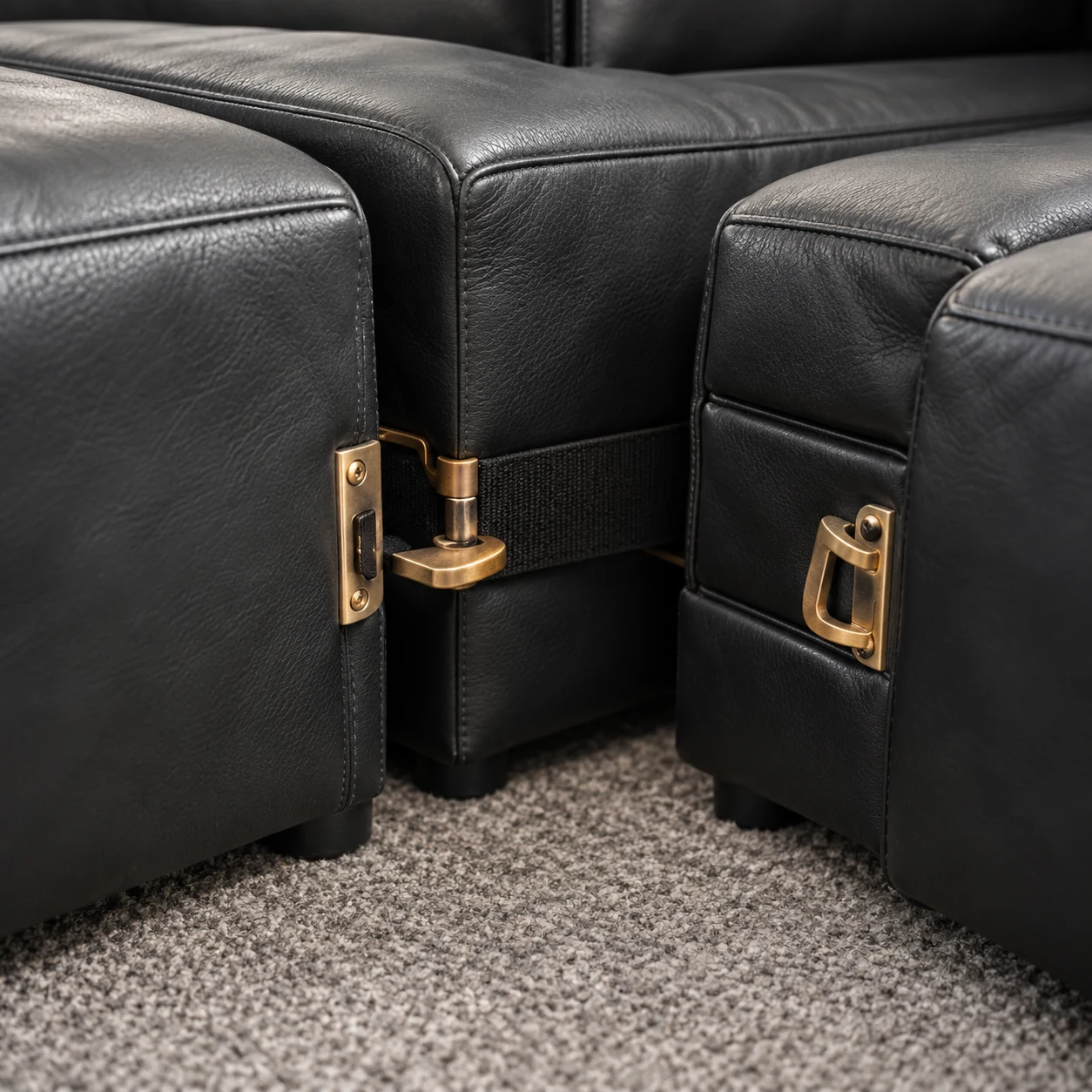 Brass connector bracket joining two black leather sectional modules