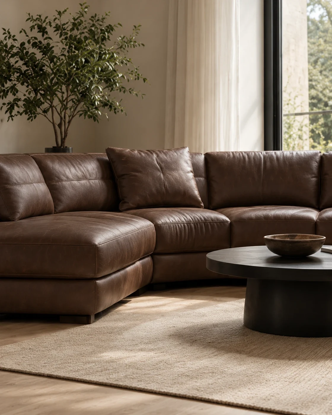 Brown leather sectional beside a window