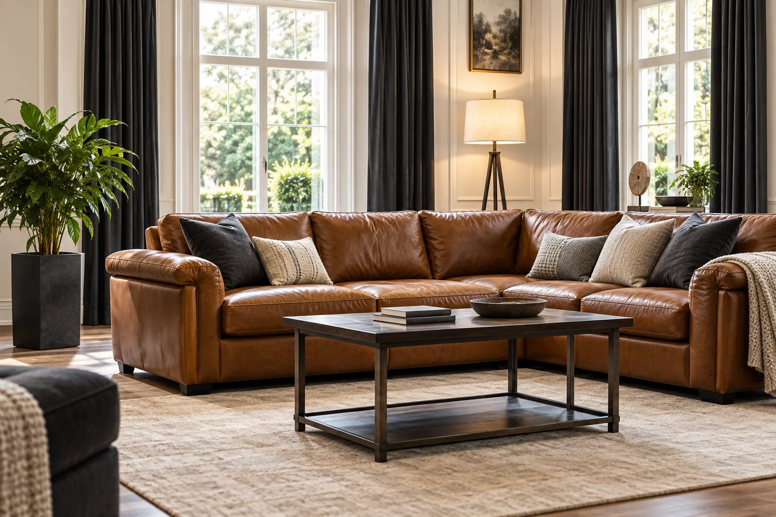 Cognac leather sectional