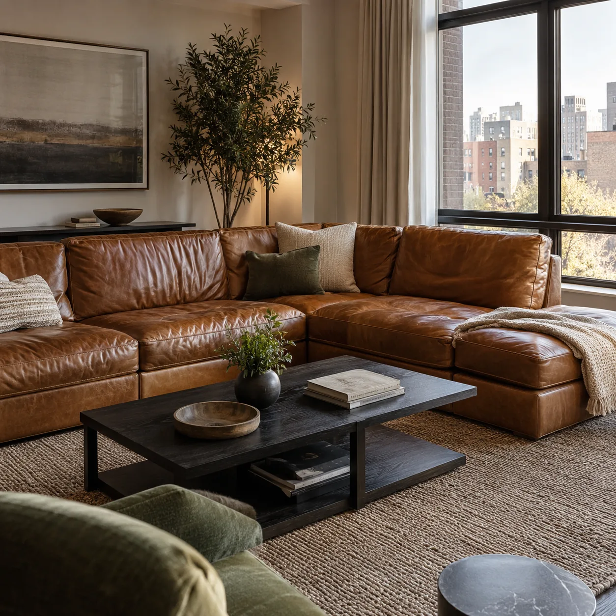 A leather sectional in a residents lounge
