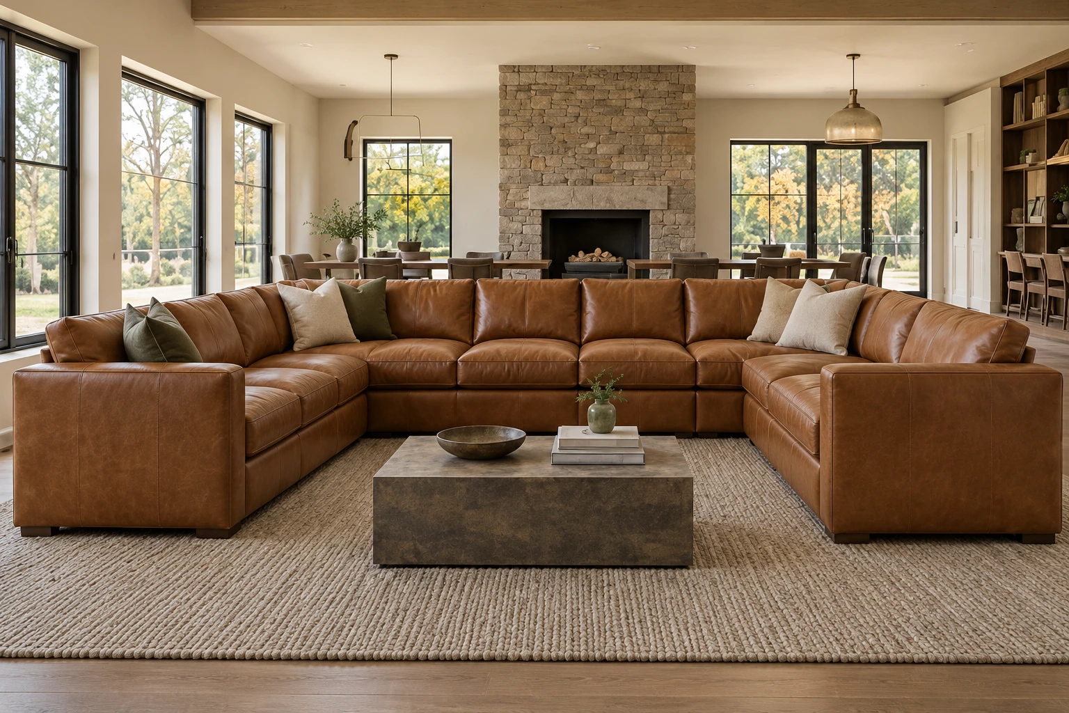 A large U-shaped cognac leather sectional facing a stone fireplace in an open-plan room