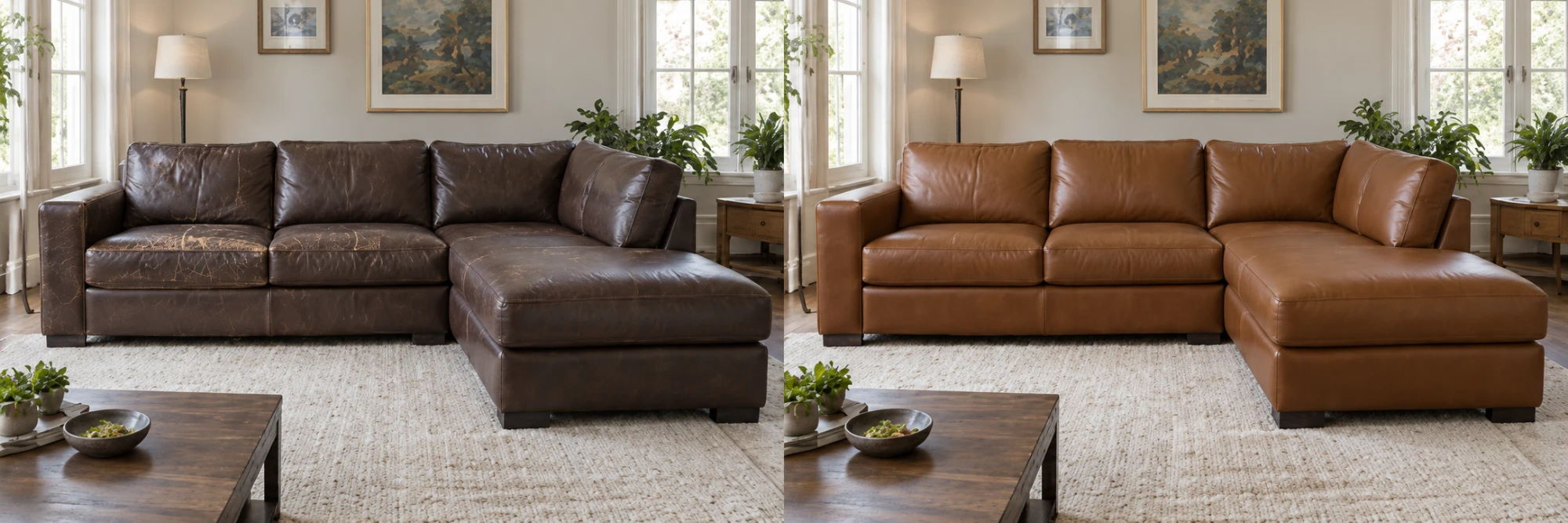 Before and after: a cracked brown leather sectional with a chaise, then the same sectional recovered in tan leather