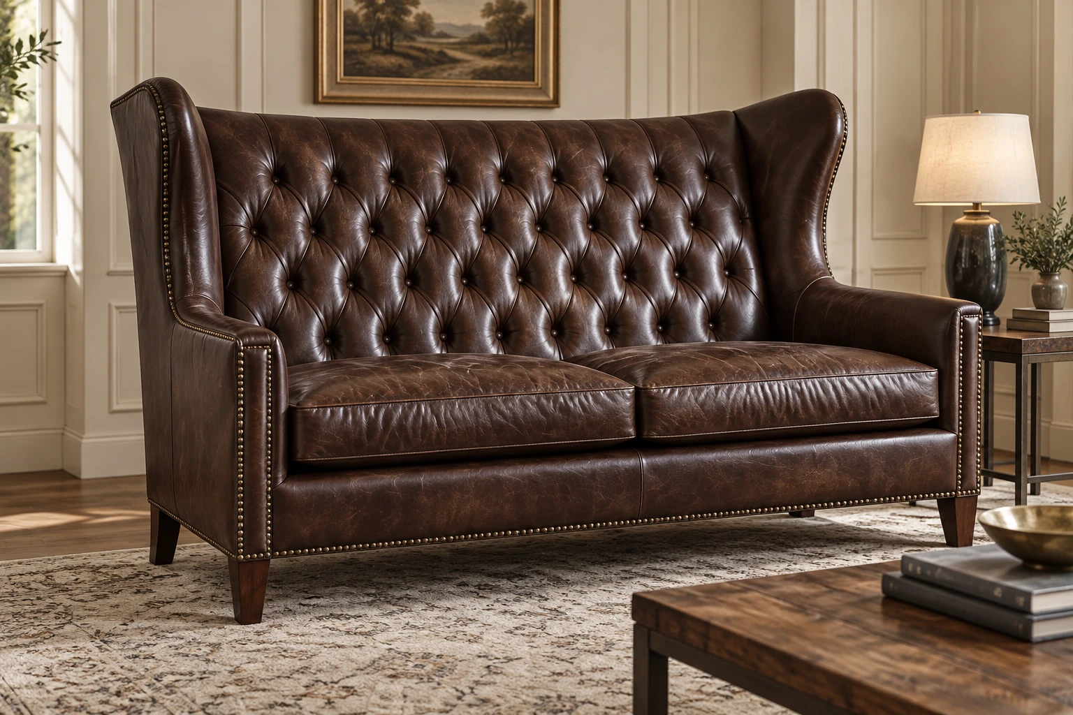 A dark brown buttoned leather settee with wing sides and nailhead trim along the arms