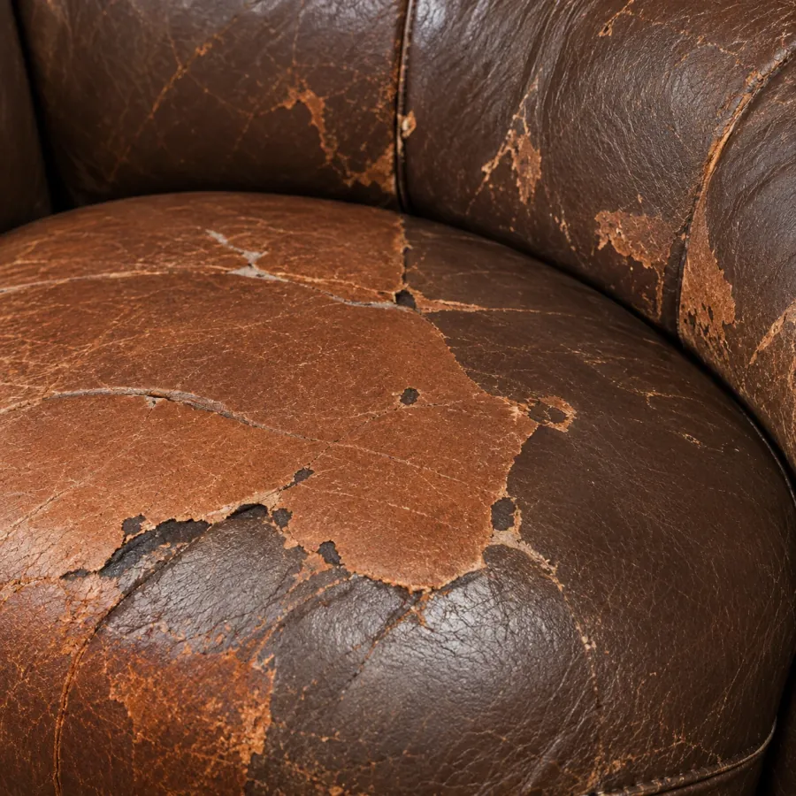Brown topcoat flaking away from a leather chair back in sheets