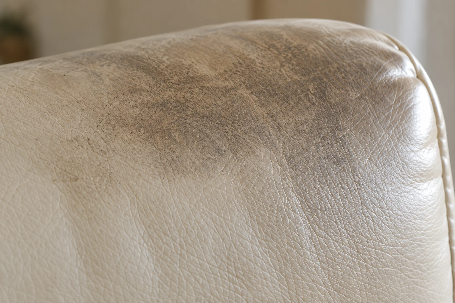 Grey soiling spread across the headrest of a pale leather chair