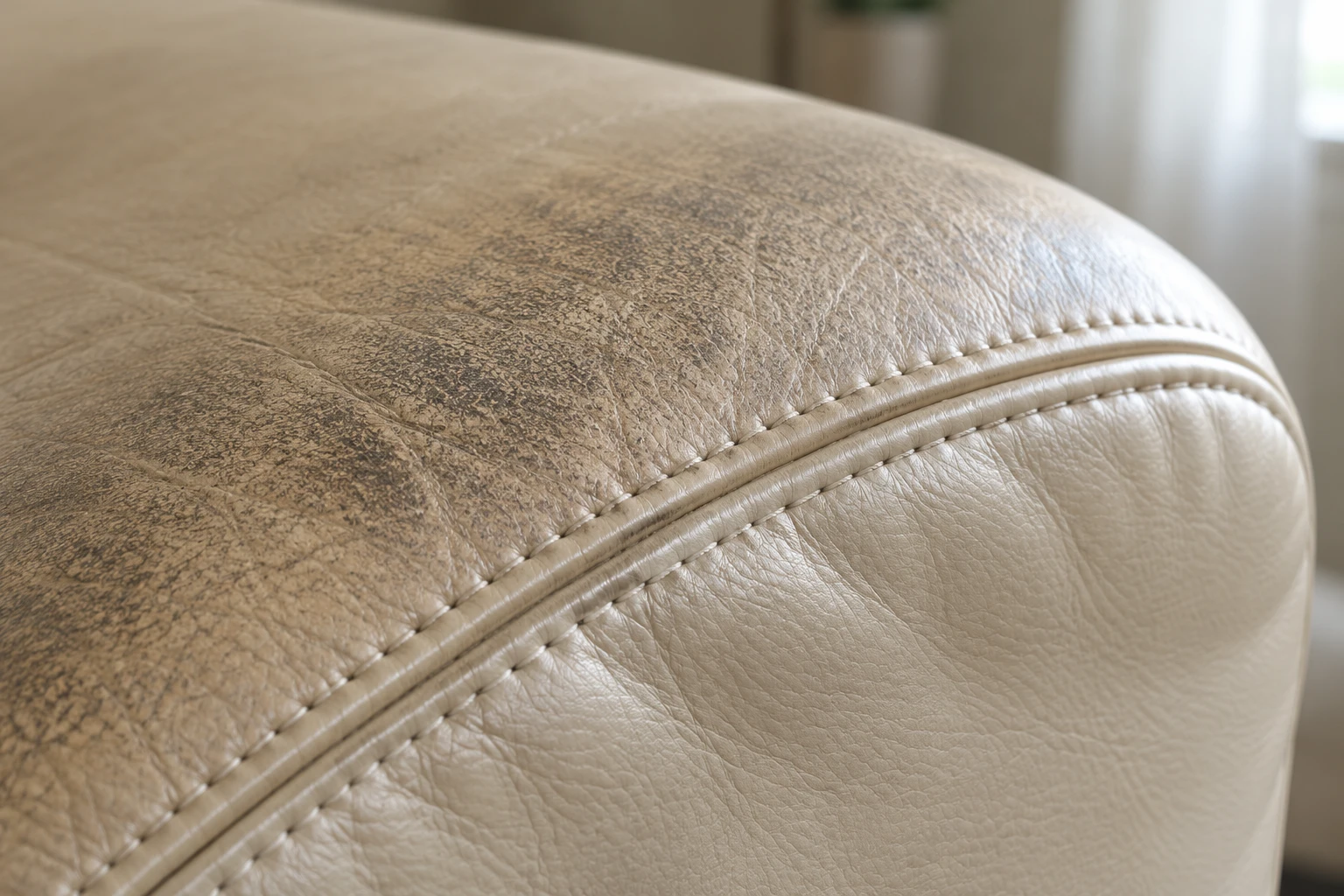 A cream leather armrest roll darkened and glazed from frequent contact