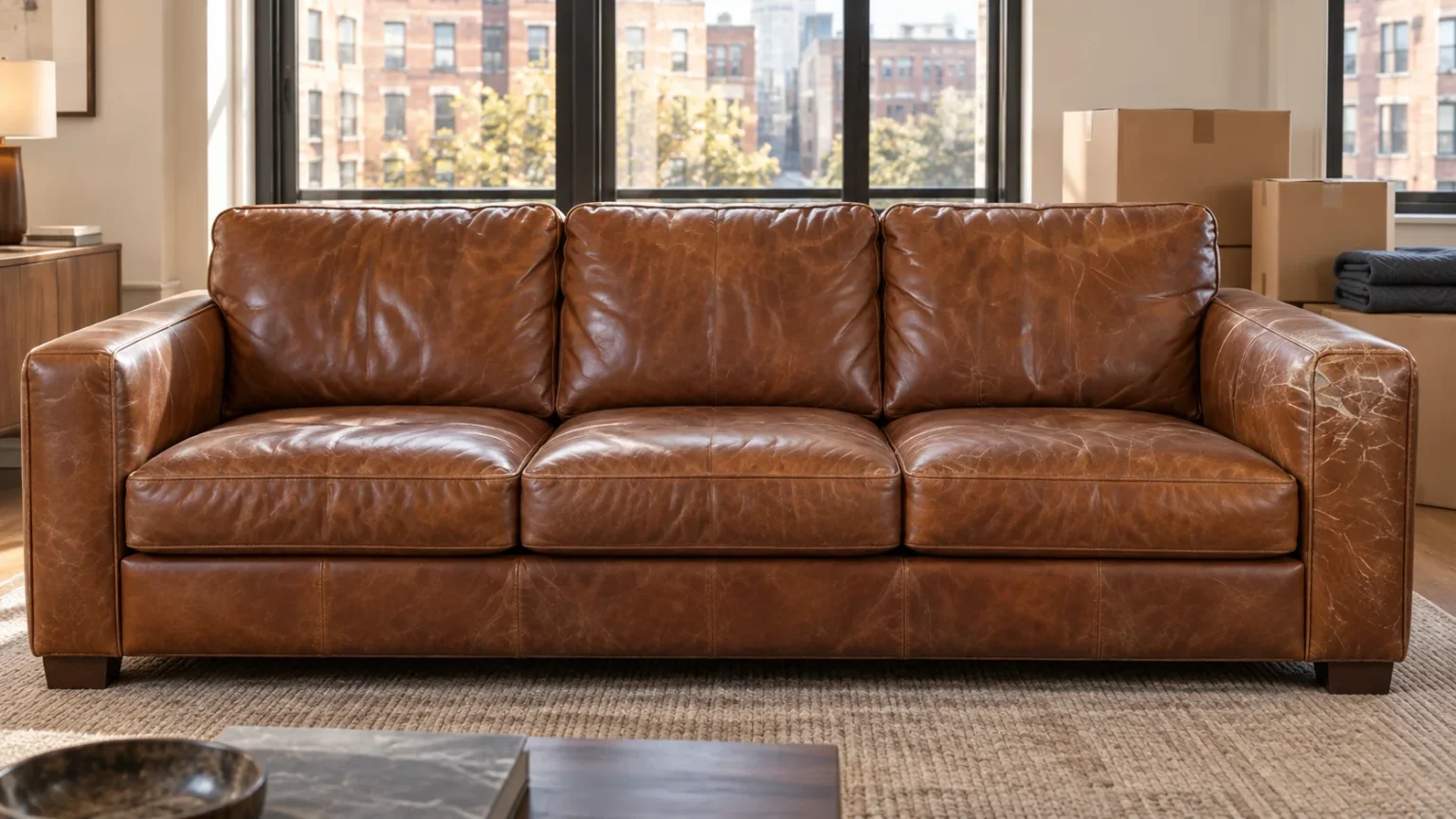 Cognac leather sofa with an arm scratched during a move