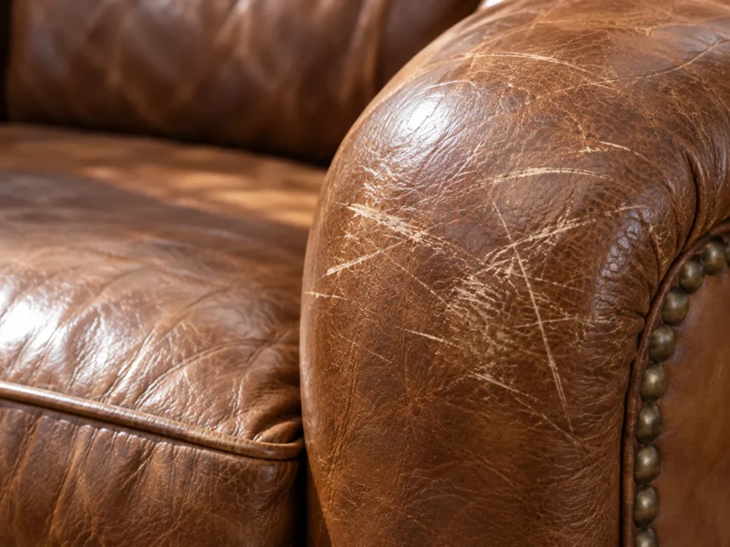 Scratched cognac leather sofa arm before repair