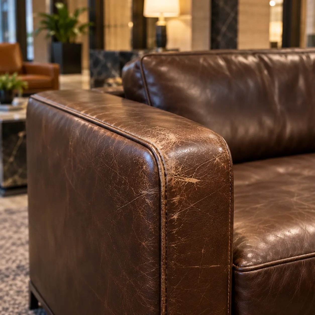A scuffed patch on a leather sofa arm before repair
