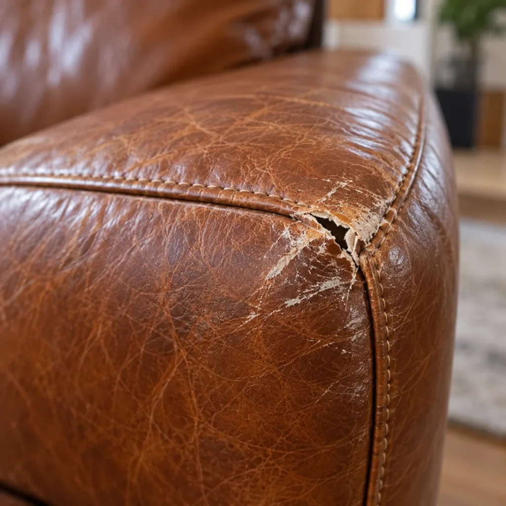 Leather sofa corner torn open against a door frame
