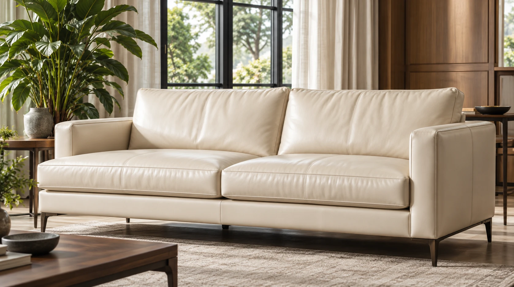 Cream leather sofa by tall windows