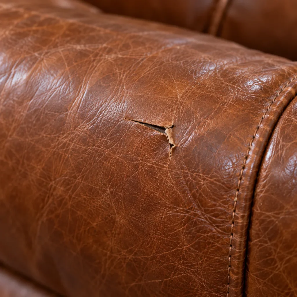 Short cut in a cognac leather sofa arm from a moving tool