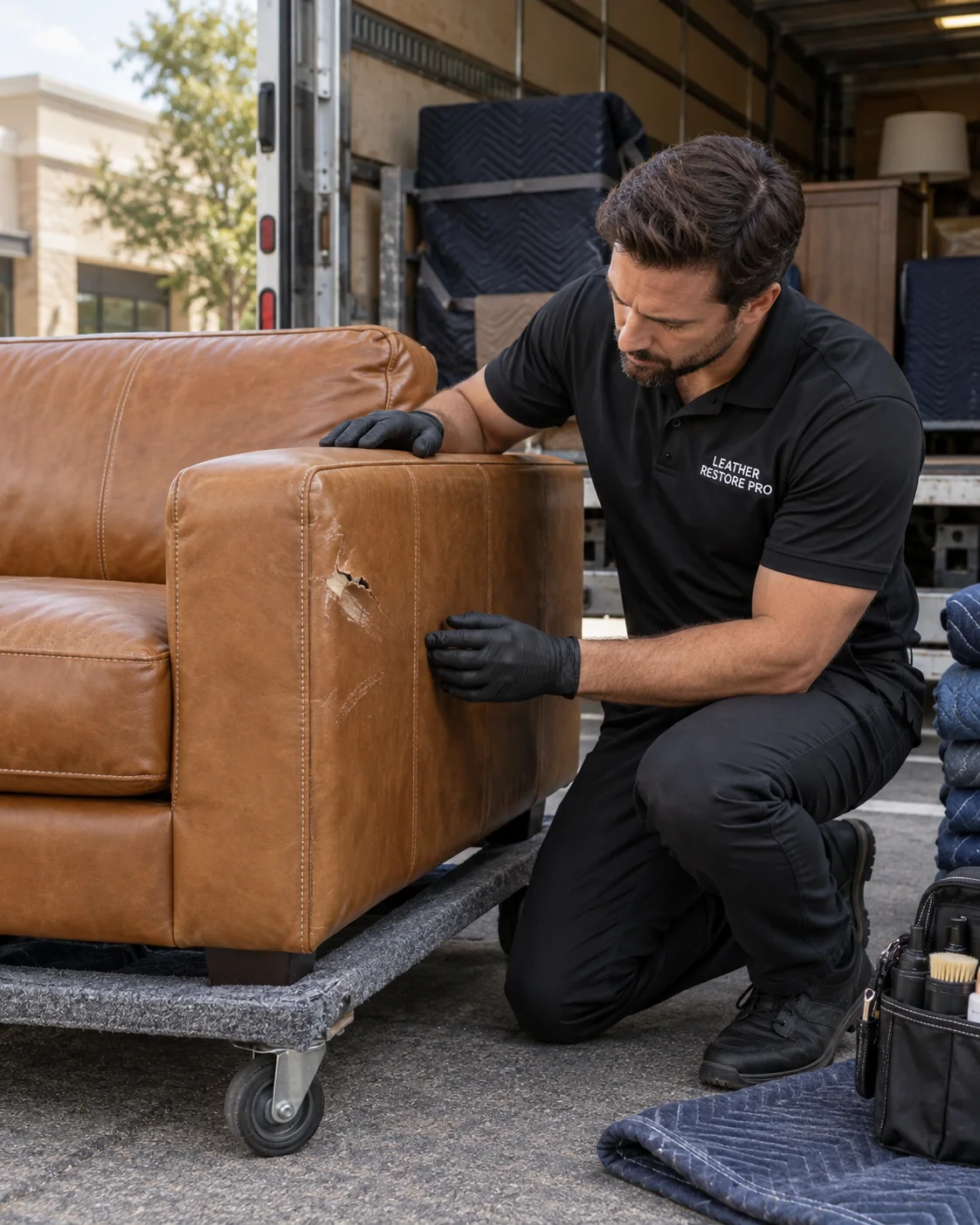Technician checking a sofa on a dolly