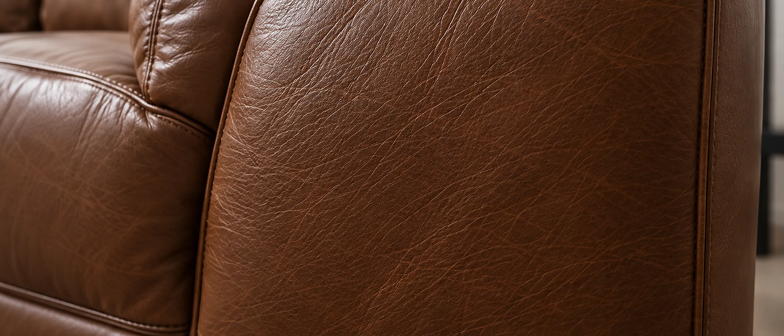 The outside arm of a brown leather sofa, its seam running the full height of the panel