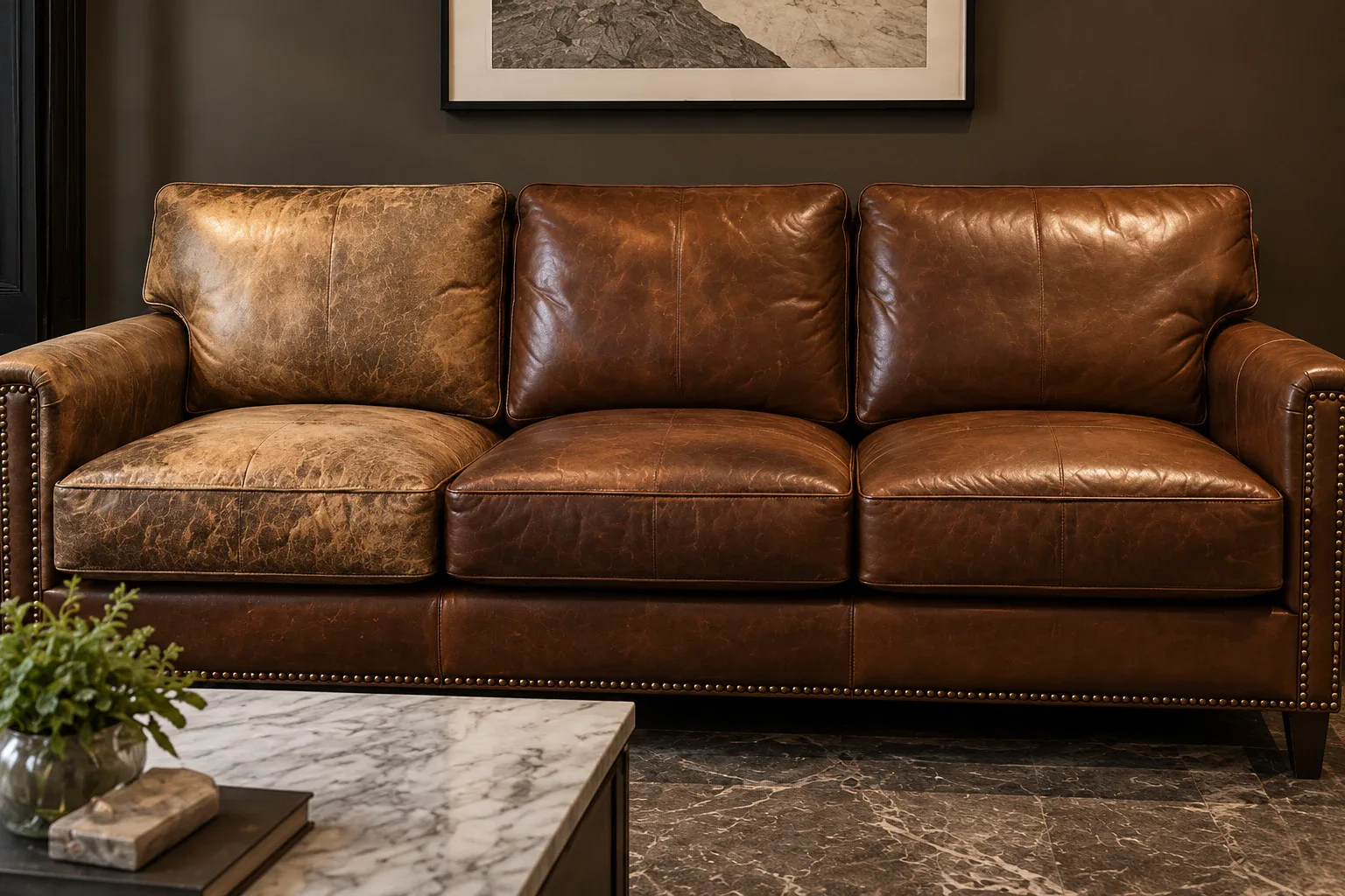 Three-seat brown leather sofa with the left cushion faded pale against two that are still dark