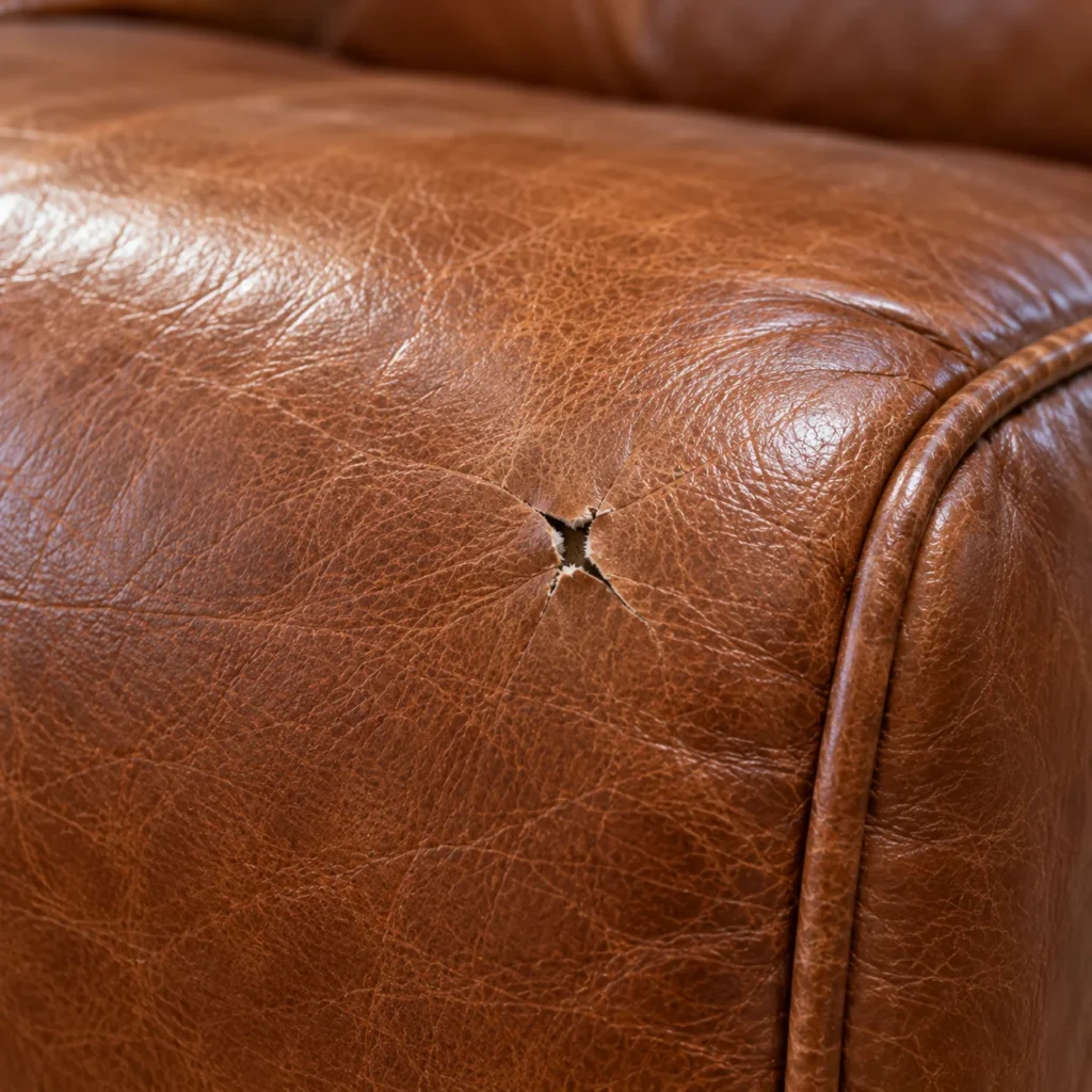 Small puncture in the side of a leather sofa