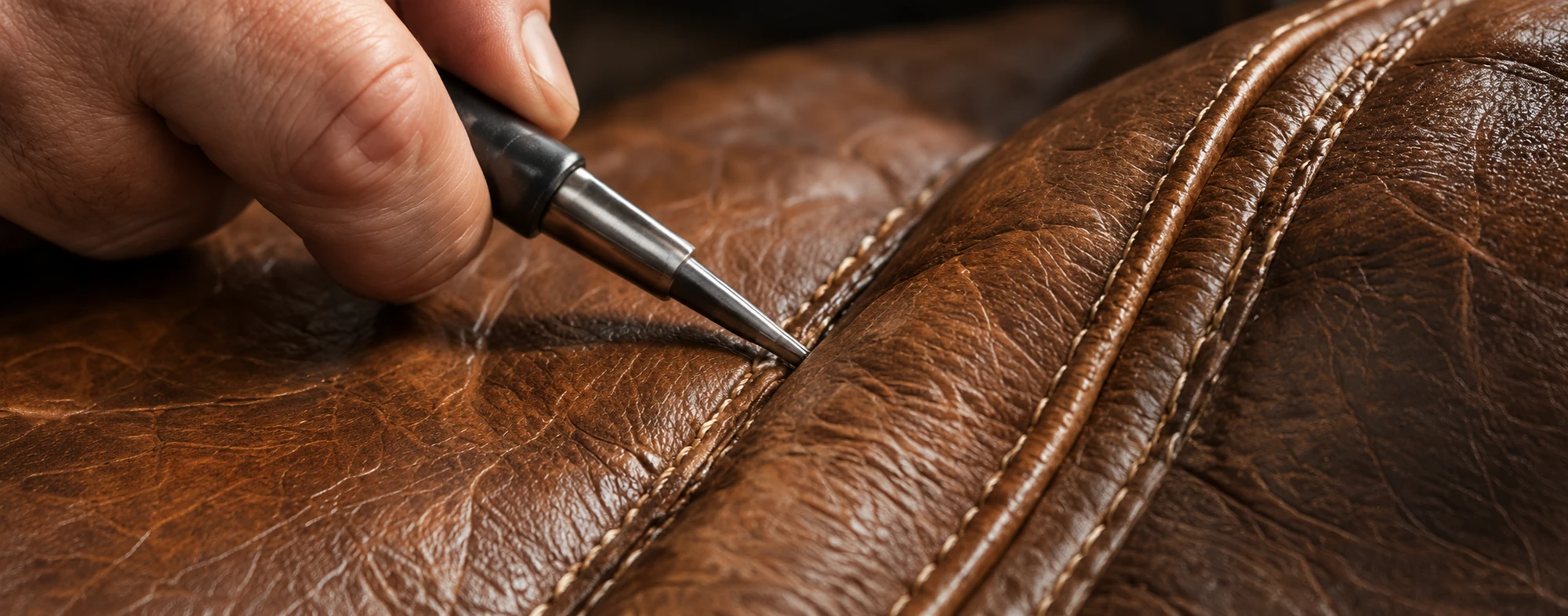 Technician's hand working a repair tool along the seam of a brown leather sofa