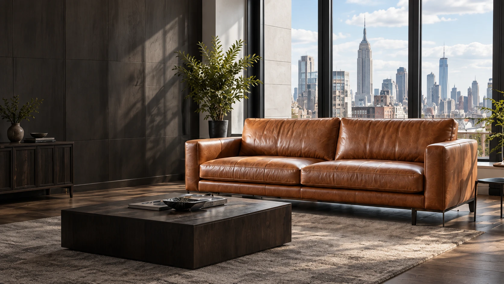 Brown leather sofa in a New York apartment living room