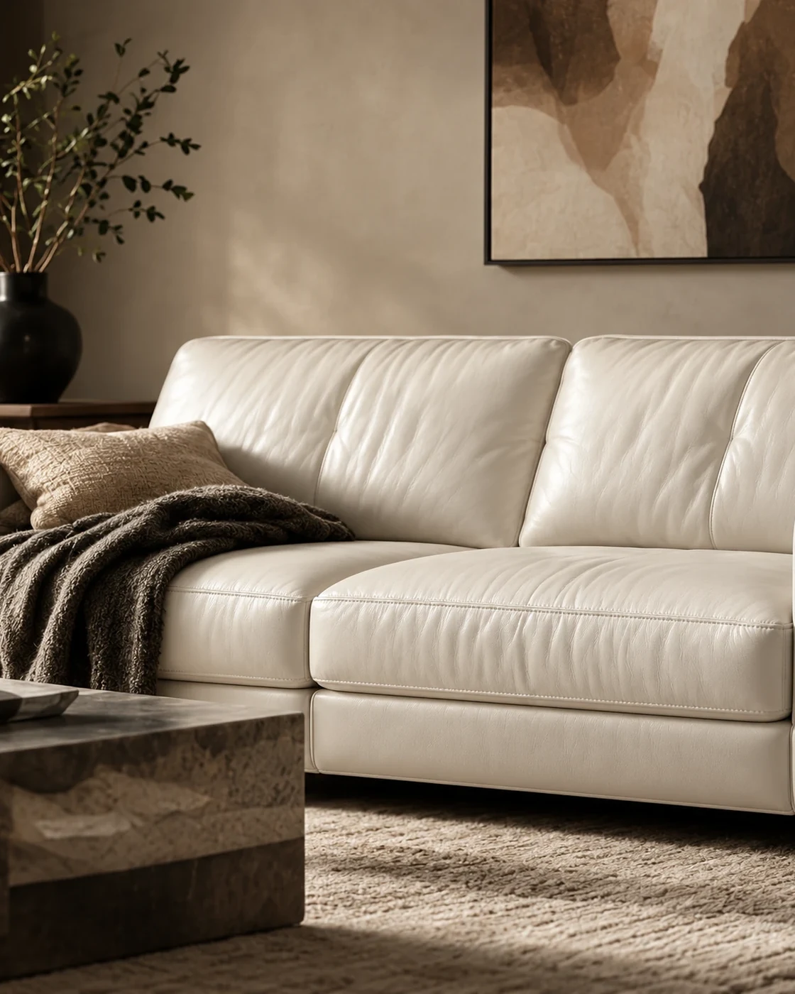 Cream leather sofa in a living room
