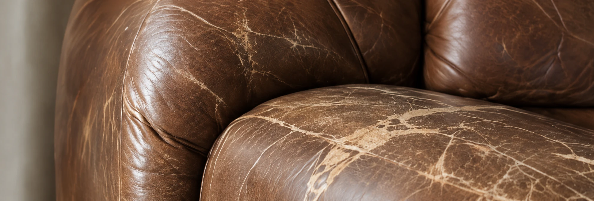 Worn brown leather armchair with damage isolated to one panel