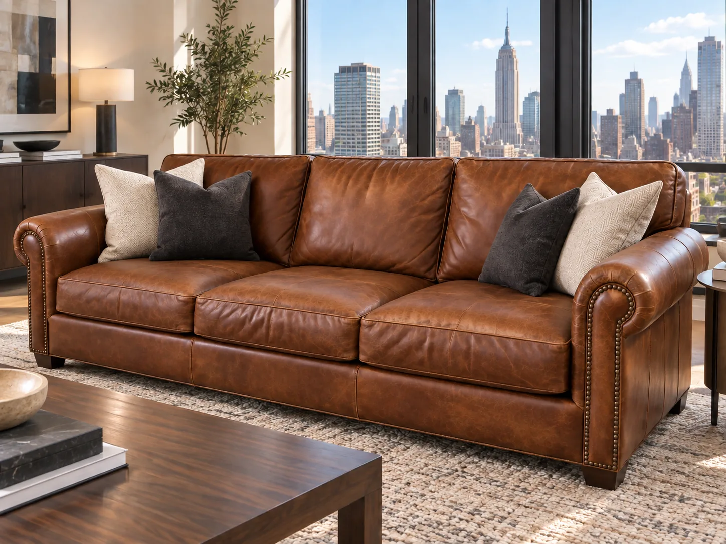 The same leather sofa after repair, even in colour and ready for listing photos