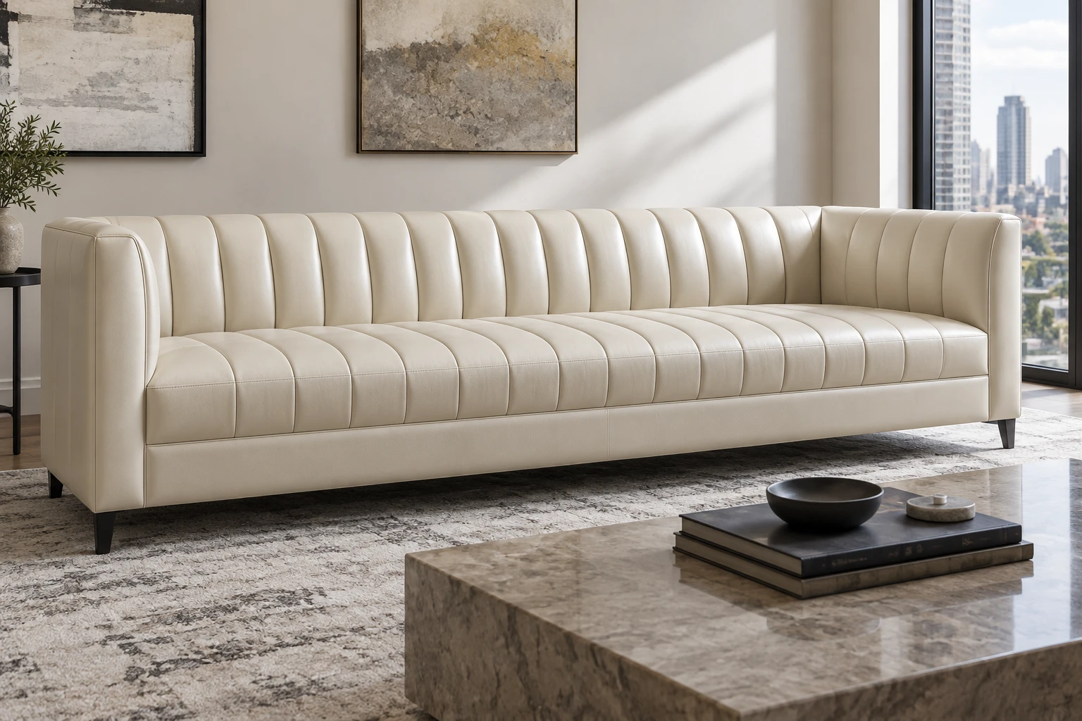 A long low cream leather sofa with vertical channel tufting stitched across the back and seat