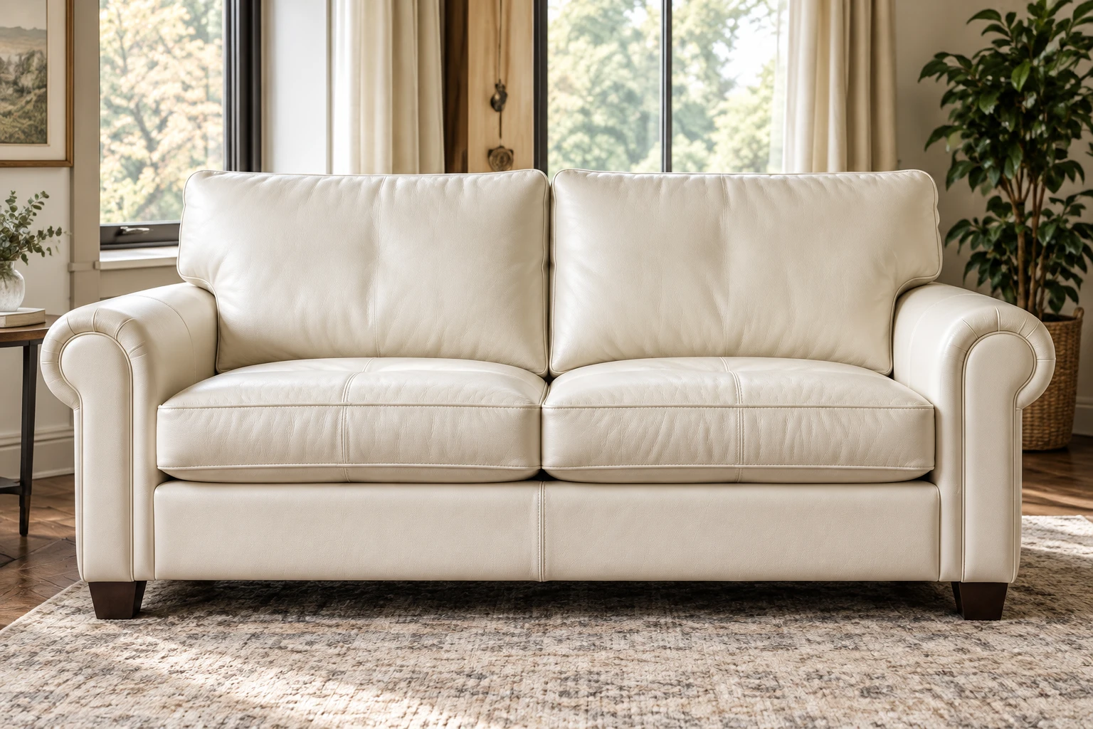 A two-seat ivory leather sofa with softly rolled arms and two loose back cushions