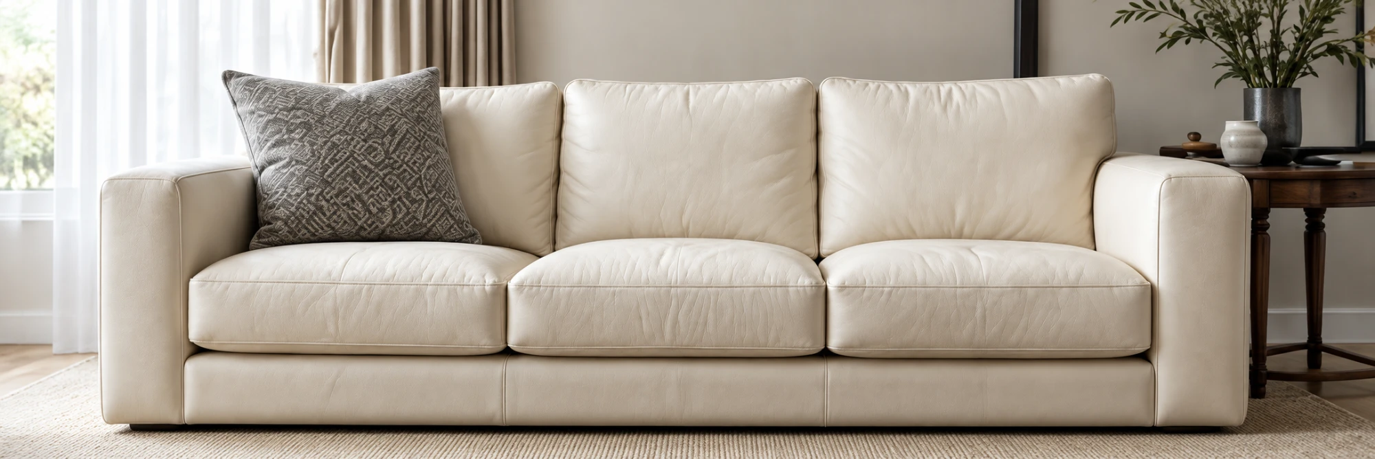 A wide three-seat sofa in ivory leather with a patterned grey cushion, in a room with linen curtains