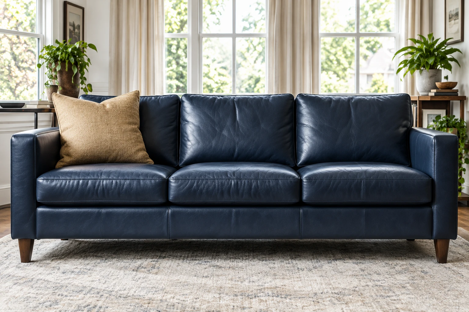 A navy blue leather sofa with square track arms and three seat cushions, in a bright room with tall windows