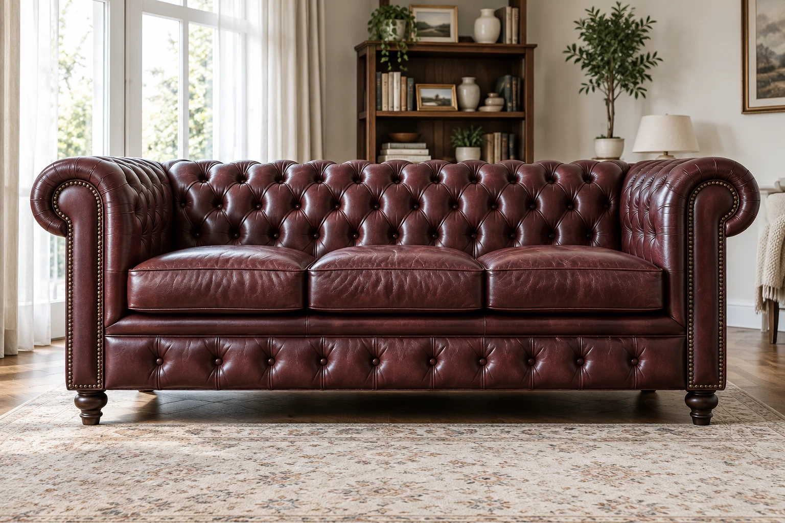 An oxblood leather Chesterfield sofa with deep buttoning, rolled arms and nailhead trim