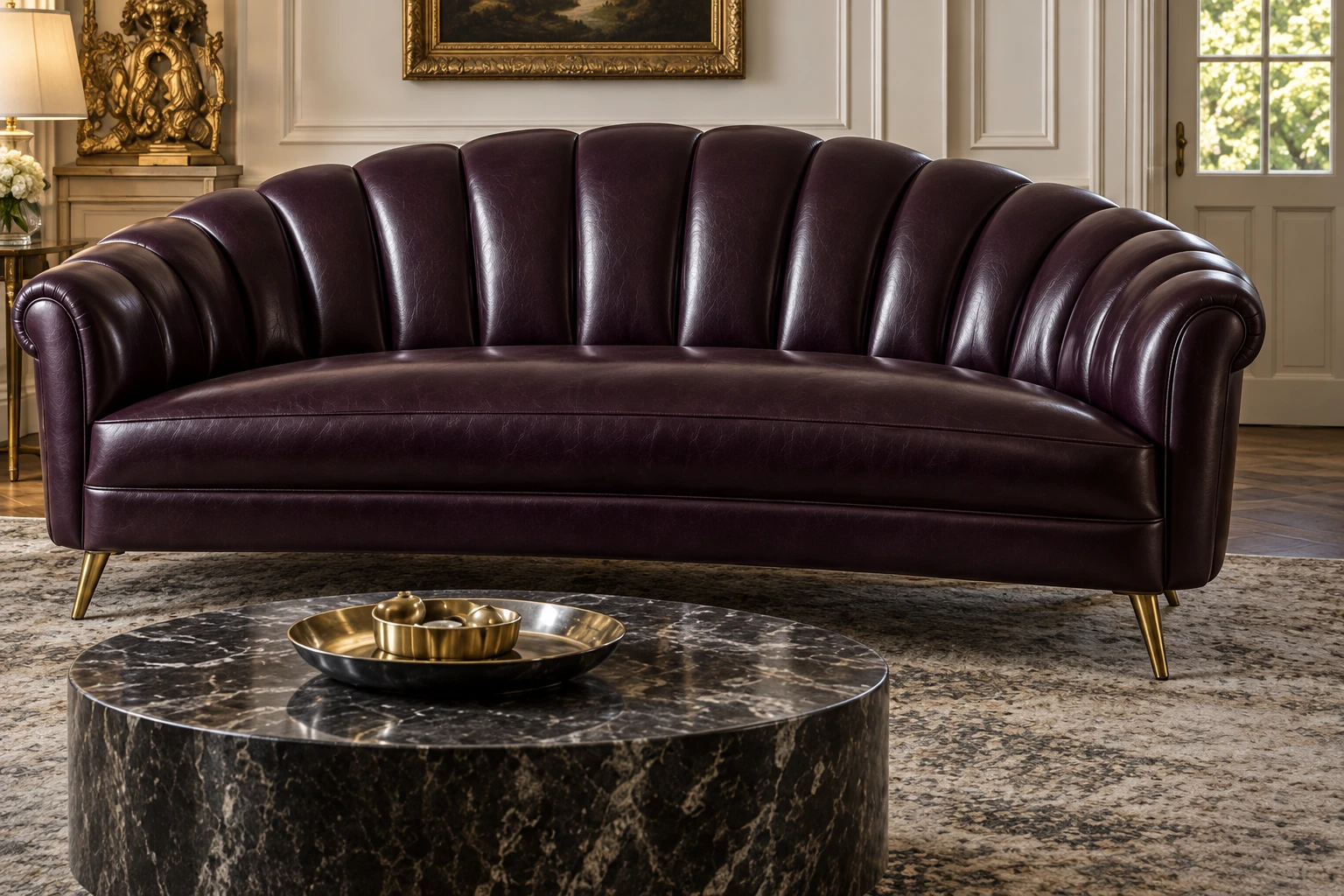 A curved plum leather sofa with a channelled back and slim brass legs