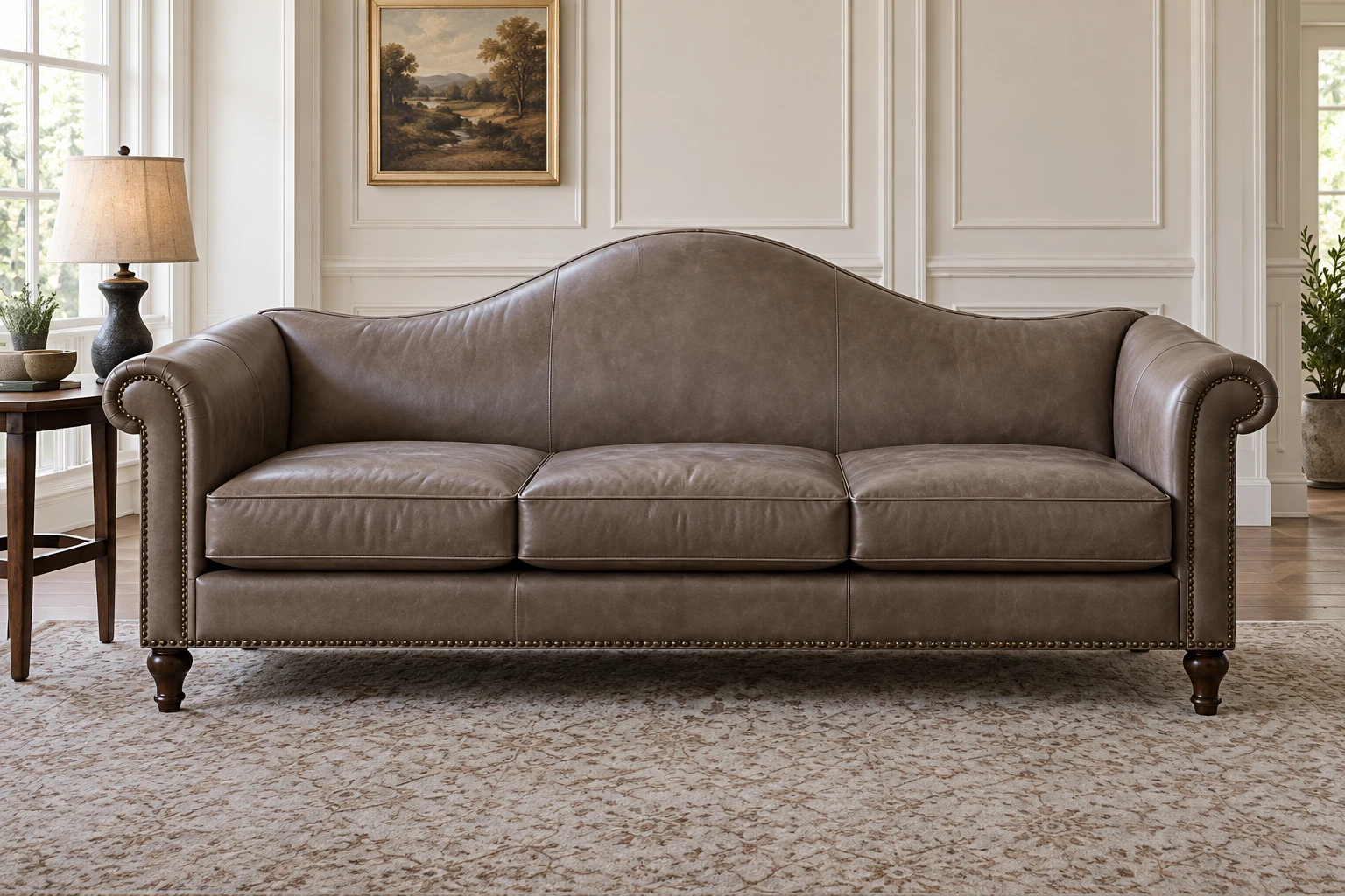 A taupe leather camelback sofa with rolled arms, nailhead trim and turned wooden legs
