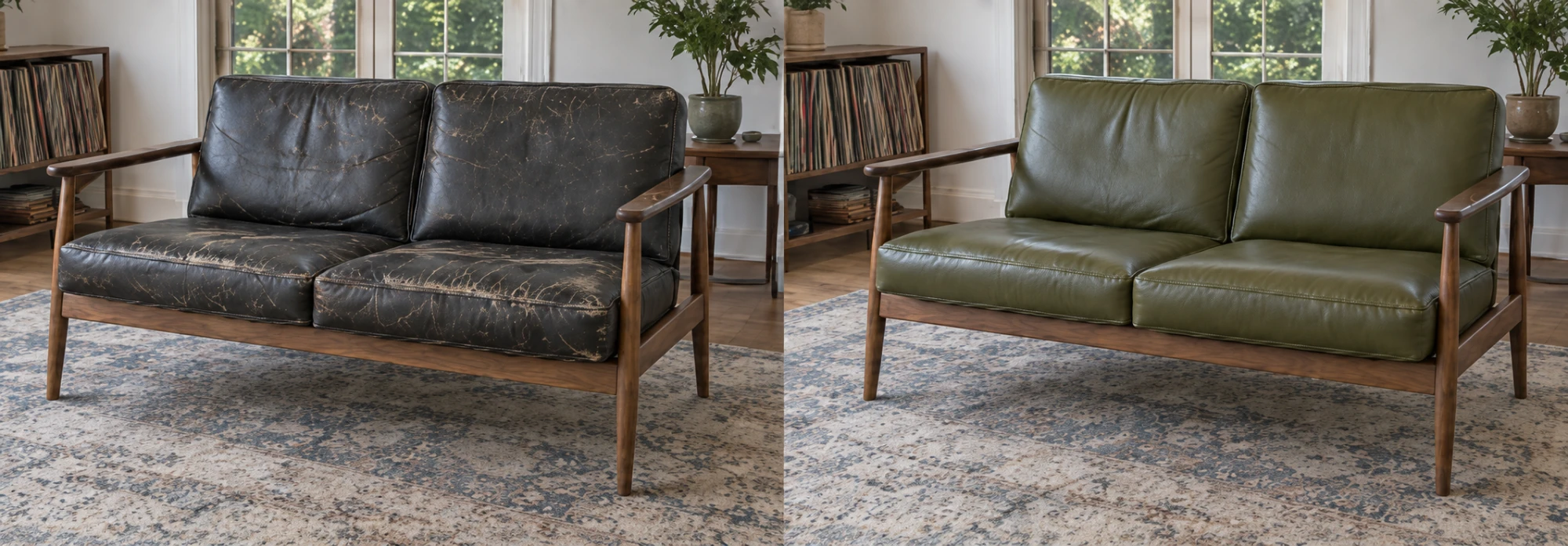 Before and after: a worn black mid-century sofa in a walnut frame, then the same cushions recovered in olive leather